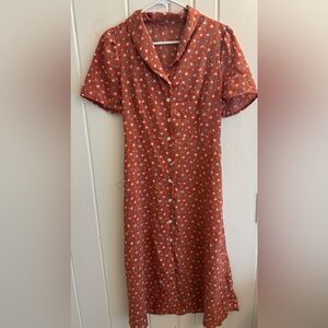 Vintage Rust Floral Button-Front Midi Dress